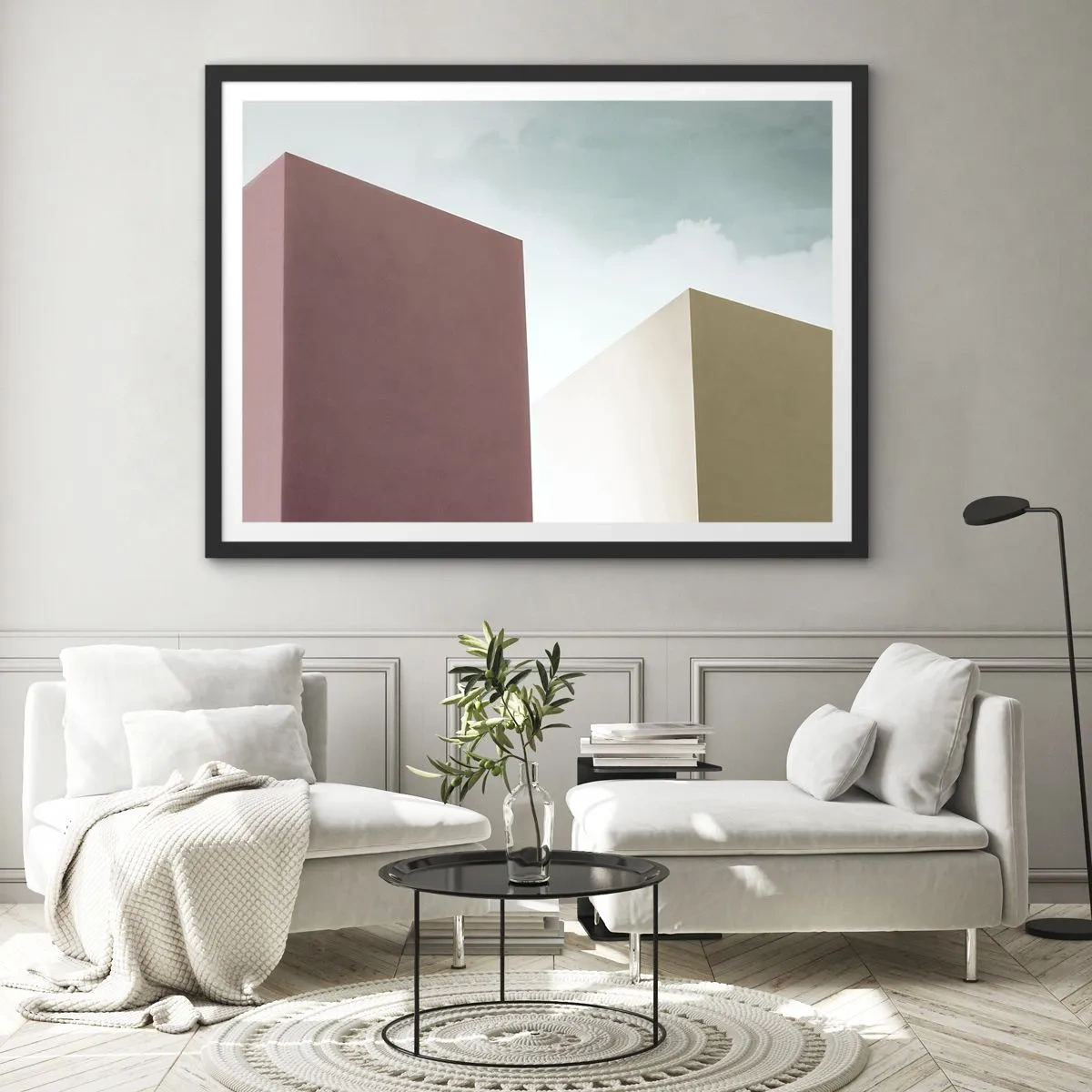 Poster in einem schwarzem Rahmen - Minimalistische Architektur mit pastellfarbenen Blöcken und Himmel - 70x50cm - Geometrie des sonnigen Sommers - Moderne Wanddekoration für Wohnzimmer und Schlafzimmer ARTTOR