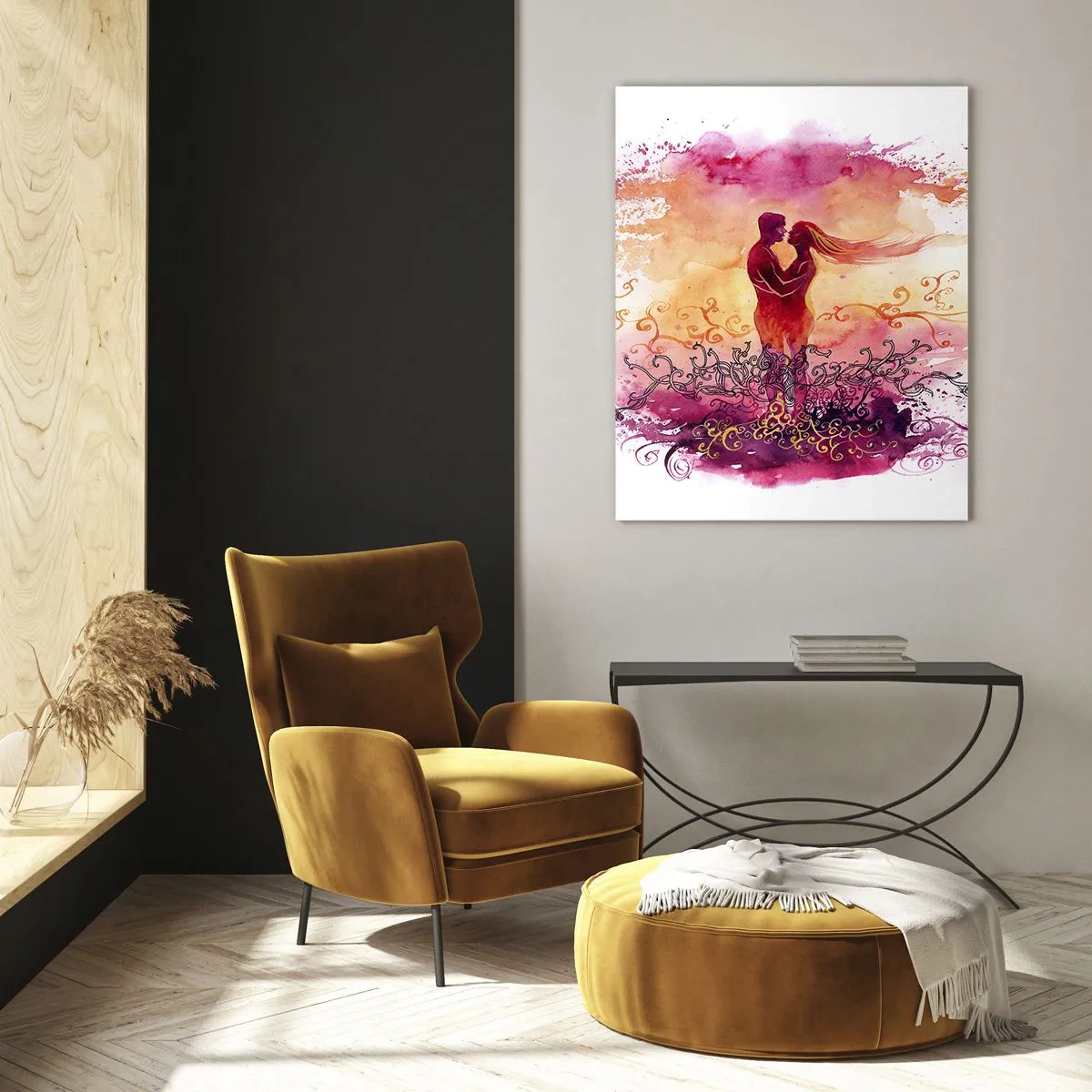 Glasbild - Bild auf glas - Ein Paar umarmt sich vor einem abstrakten rosa und orangefarbenen Muster - 80x120cm - Ein Herz! ich brauche so wenig... - Moderne Wanddekoration für Wohnzimmer und Schlafzimmer ARTTOR