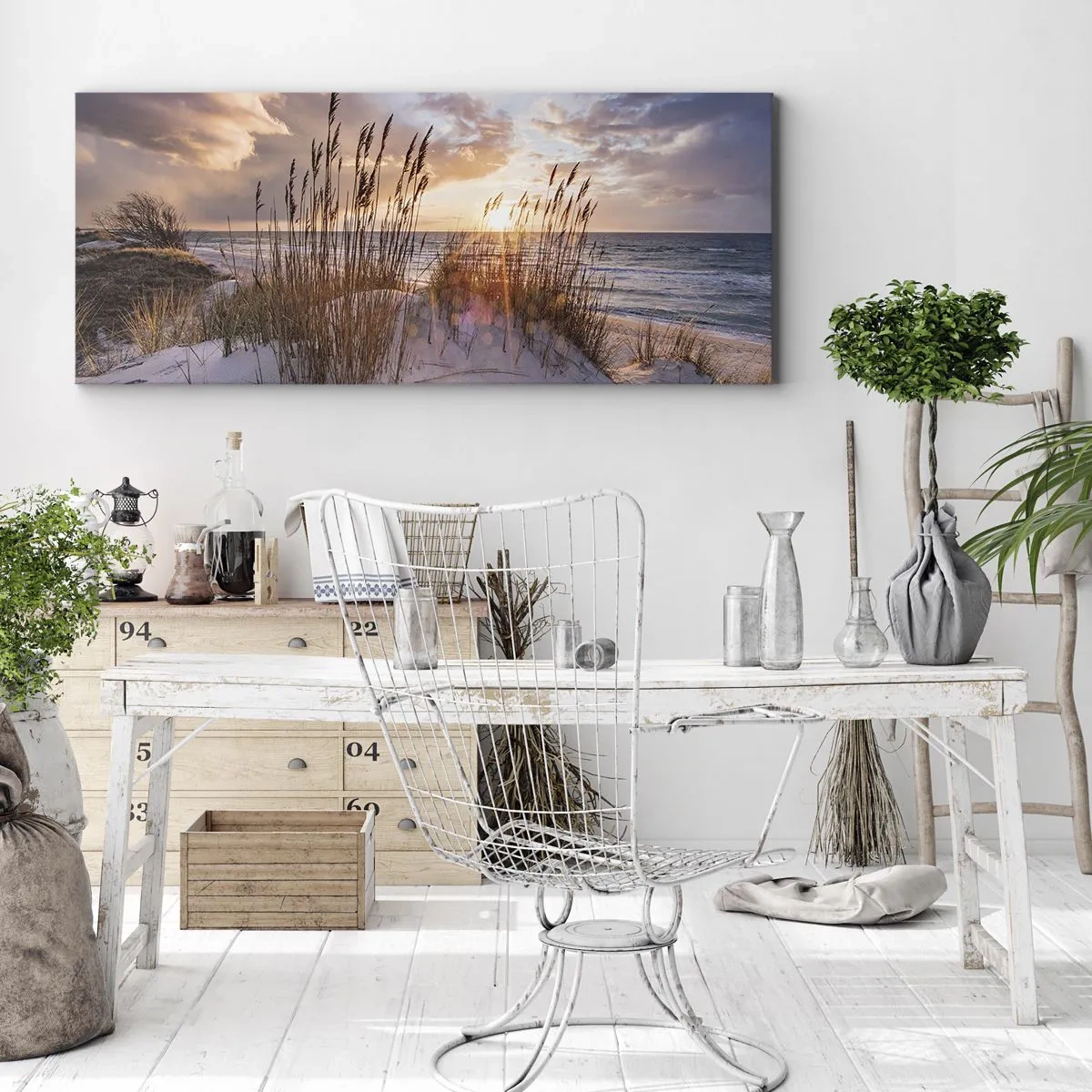Bild auf Leinwand - Leinwandbild - Dünen mit Gräsern vor dem Hintergrund der untergehenden Sonne - 120x50cm - Abschied von Sonne und Wind - Moderne Wanddekoration für Wohnzimmer und Schlafzimmer ARTTOR