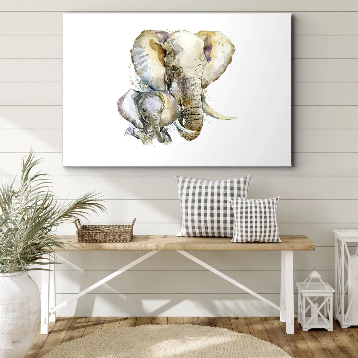 Bild auf Leinwand - Leinwandbild - Aquarell-Elefanten in dezenten Farben - 100x70cm - Mama ist kein Zuhause - Moderne Wanddekoration für Wohnzimmer und Schlafzimmer ARTTOR