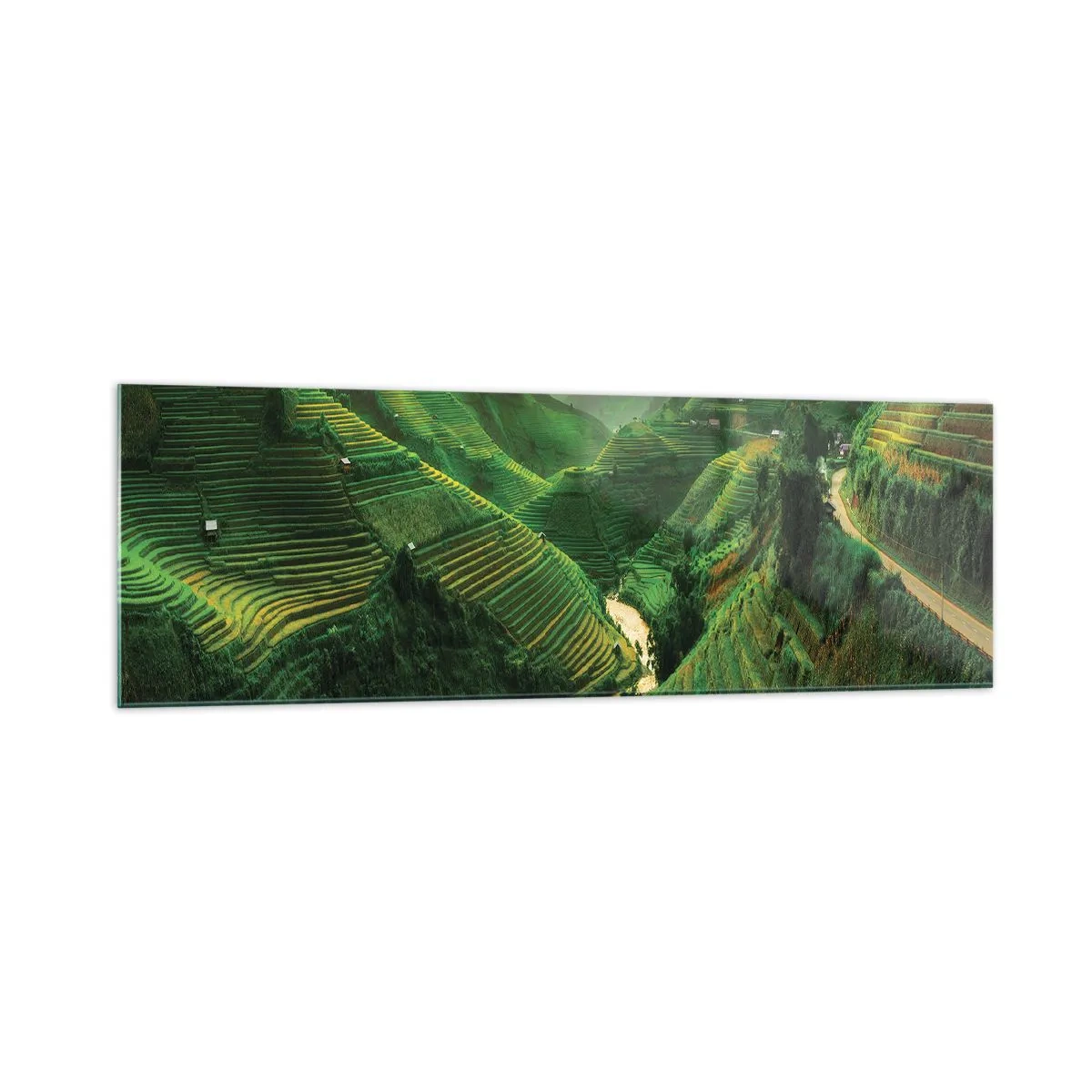 Glasbild - Bild auf glas - Malerische Reisterrassen in einem grünen Tal, beleuchtet von der untergehenden Sonne - 160x50cm - Vietnamesisches Tal - Moderne Wanddekoration für Wohnzimmer und Schlafzimmer ARTTOR