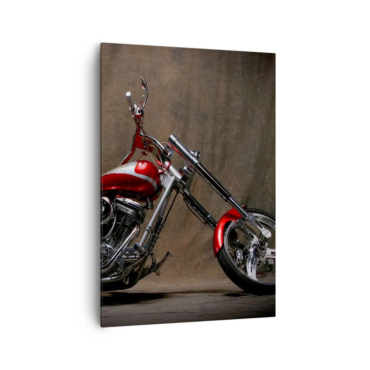 Bild auf Leinwand - Leinwandbild - Rotes Custom-Motorrad vor braunem Stoffhintergrund - 70x100cm - Rote und silberne Schönheit - Moderne Wanddekoration für Wohnzimmer und Schlafzimmer ARTTOR