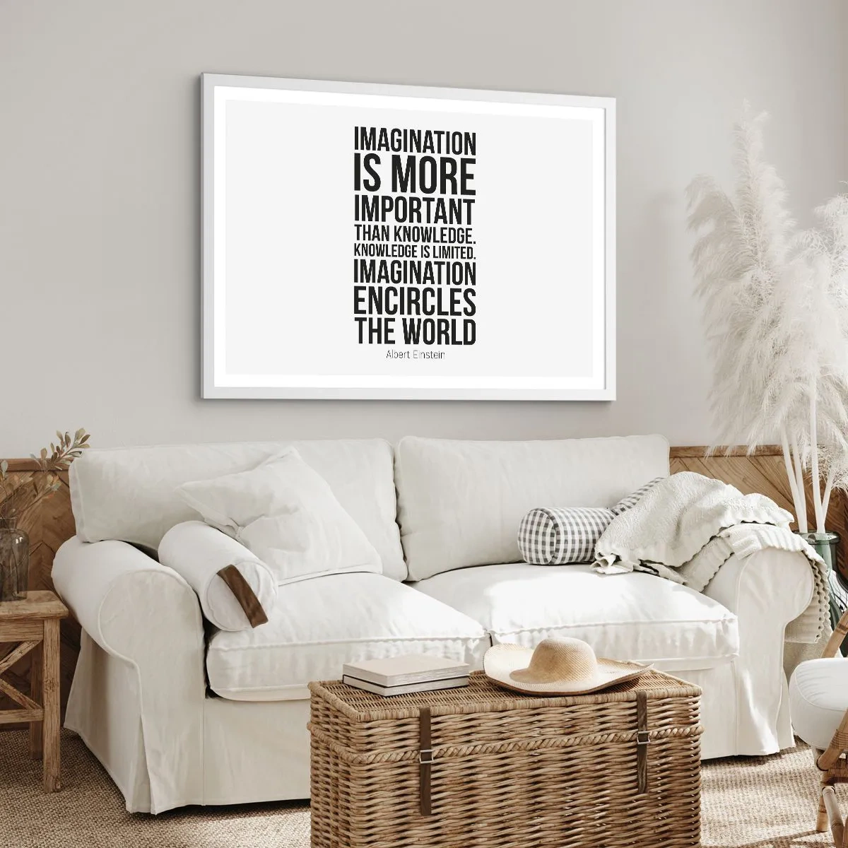 Poster in einem weißen Rahmen - Einstein über die Kraft der Vorstellungskraft - 100x70 cm