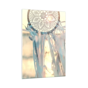 Glasbild - Bild auf glas - Ein Spitzentotem mit zarten Fransen vor dem Hintergrund der untergehenden Sonne über dem Meer. - 50x70cm - Totem aus Spitze - Moderne Wanddekoration für Wohnzimmer und Schlafzimmer ARTTOR