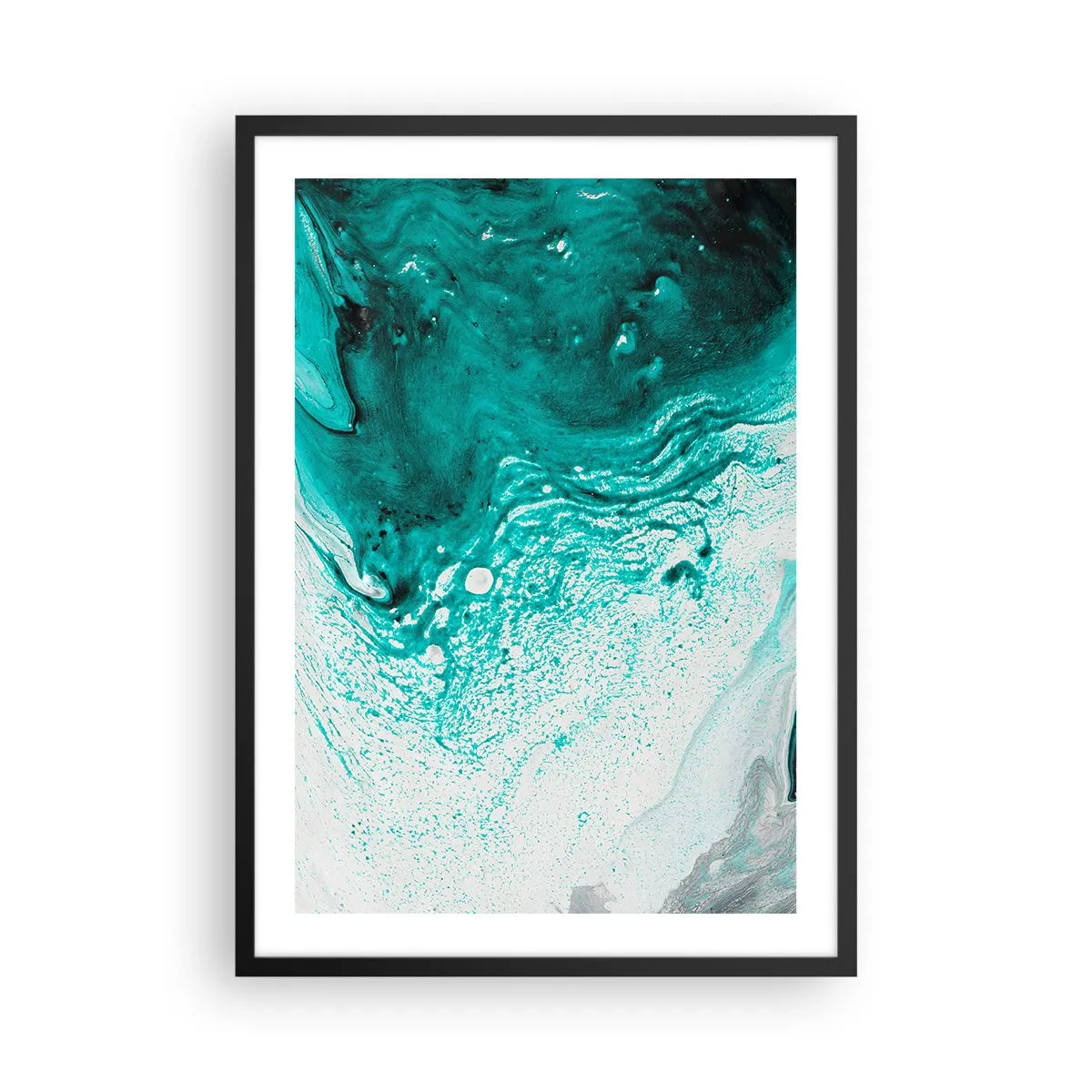 Poster in einem schwarzem Rahmen - Abstraktes Muster in Türkis und Weiß - 50x70cm - Verschmelzen in Weiß und Türkis - Moderne Wanddekoration für Wohnzimmer und Schlafzimmer ARTTOR