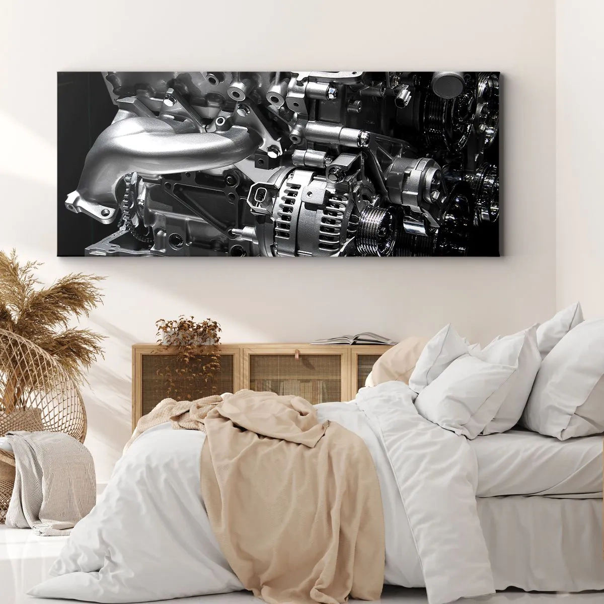 Bild auf Leinwand - Leinwandbild - Nahaufnahme von metallischen Motorteilen auf schwarzem Hintergrund - 120x50cm - Stahl, schön, stark - Moderne Wanddekoration für Wohnzimmer und Schlafzimmer ARTTOR