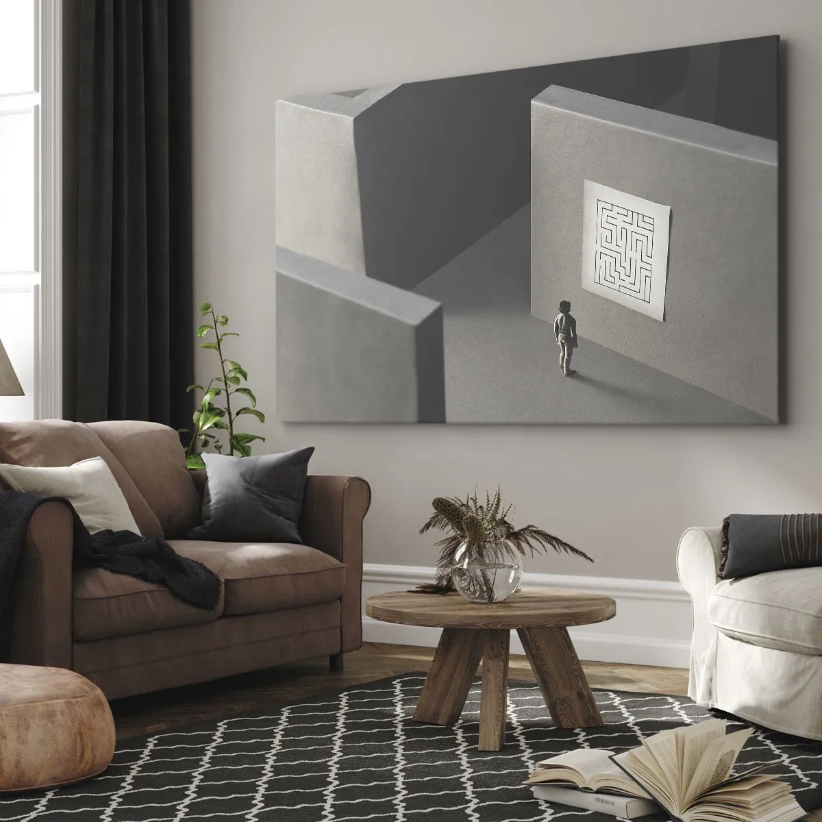 Bild auf Leinwand - Leinwandbild - Eine Figur in einem Labyrinth, die auf eine hängende Karte schaut - 70x50cm - Aber wo bin ich? - Moderne Wanddekoration für Wohnzimmer und Schlafzimmer ARTTOR