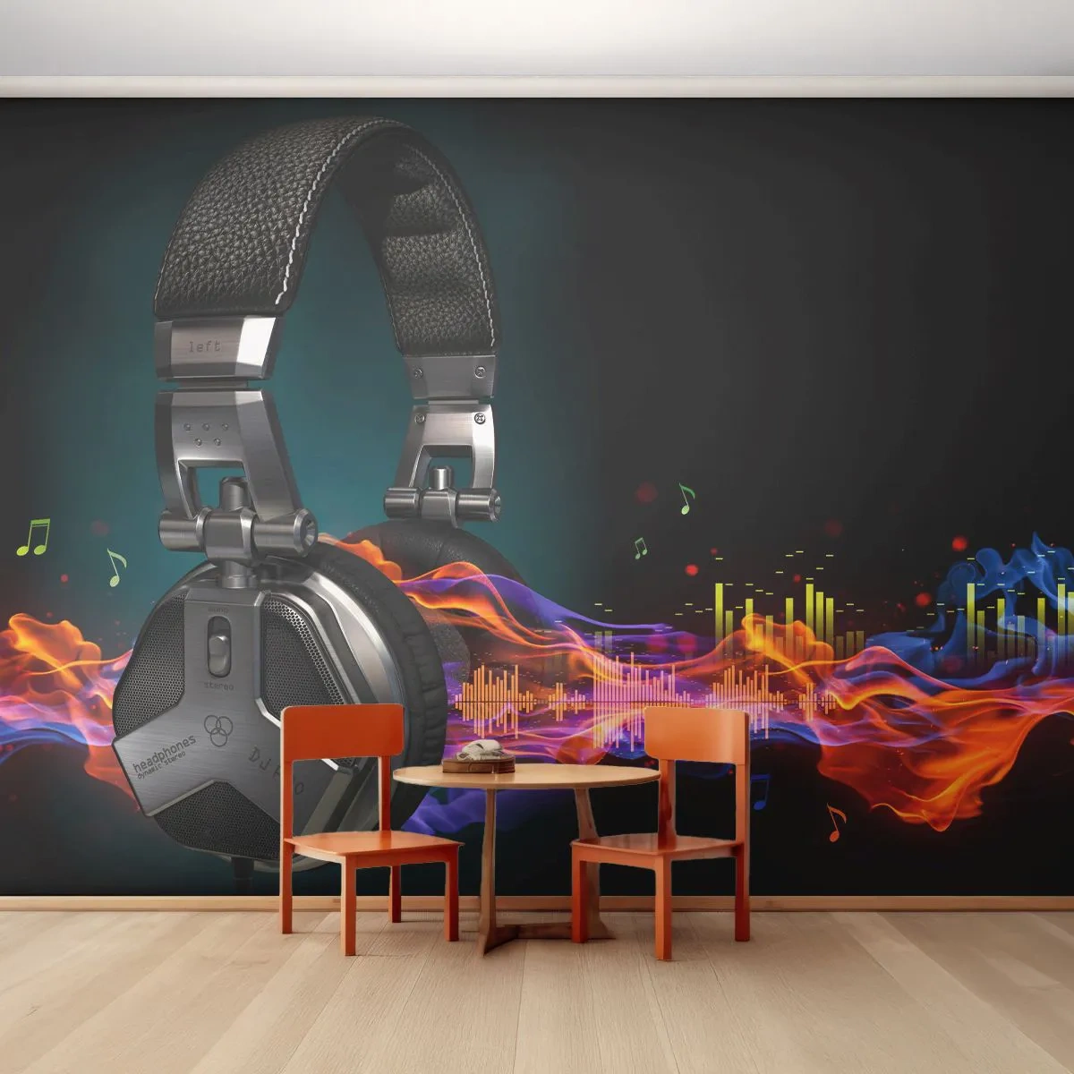 Fototapete Premium Canvas - Feuer der Musik - Abstraktion, Musik, Kopfhörer - 400x280 cm
