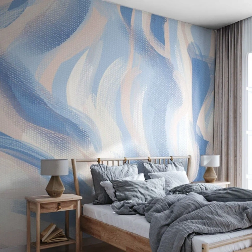 Fototapete Premium Sand - Abstrakte blaue und beige Pinselstriche - 100x70cm - Blaue Wellen - Moderne Wanddekoration für Wohnzimmer und Schlafzimmer ARTTOR