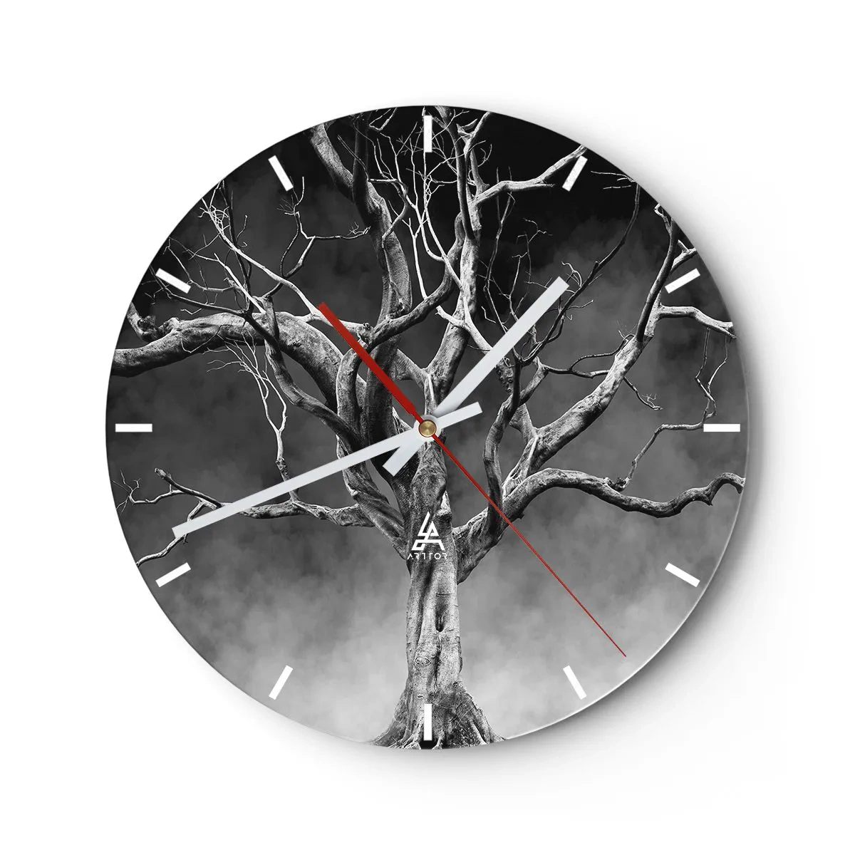 Wanduhr - Glasuhr - Ein trockener Baum vor dem Hintergrund dunkler Wolken in monochromen Tönen - 30x30cm - Ursprünglich und heilig - Moderne Wanddekoration für Wohnzimmer, Küche und Schlafzimmer ARTTOR