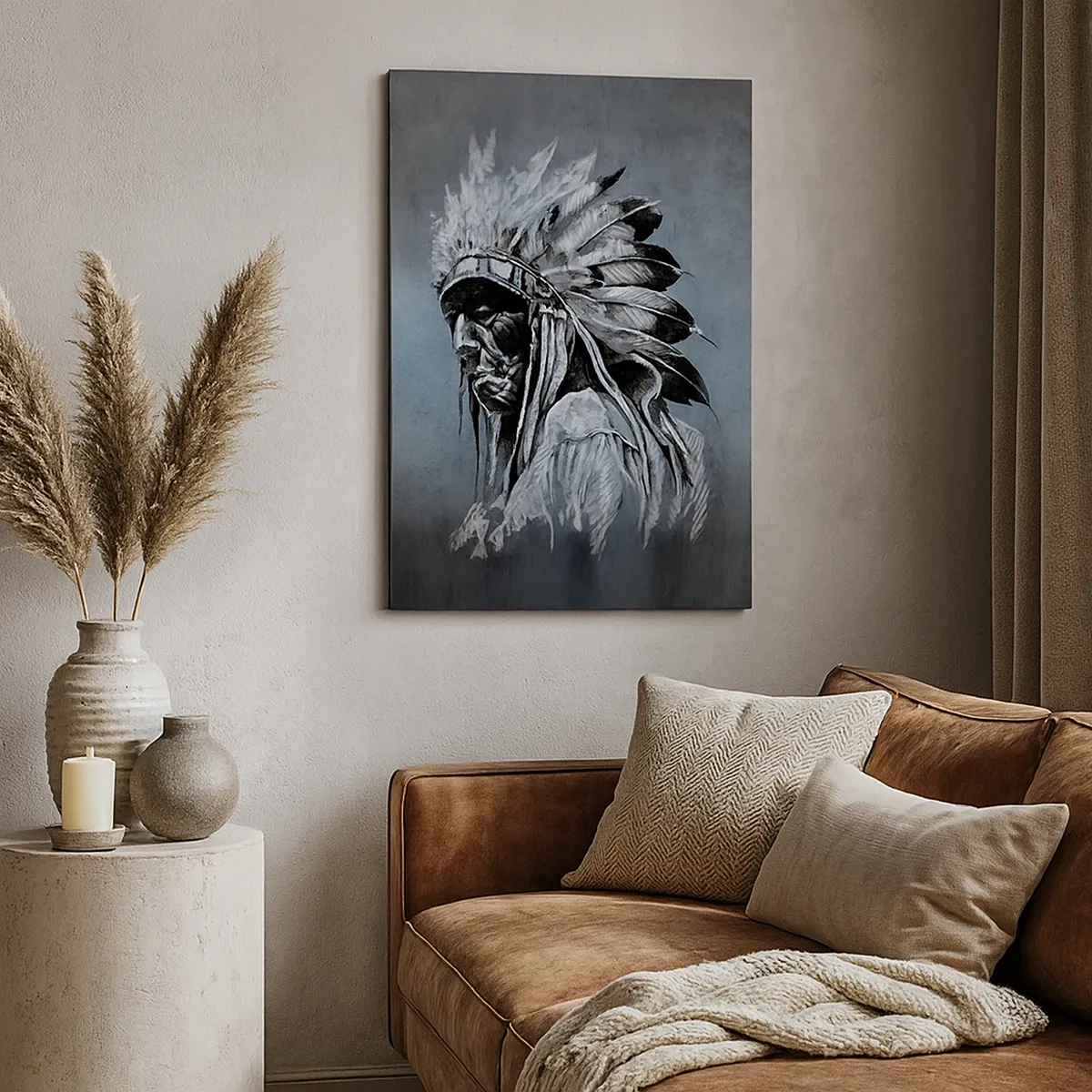 Bild auf Leinwand - Leinwandbild - Porträt eines Indianerhäuptlings mit traditioneller Kopfbedeckung - 50x70cm - Zurück zu den Wurzeln - Moderne Wanddekoration für Wohnzimmer und Schlafzimmer ARTTOR