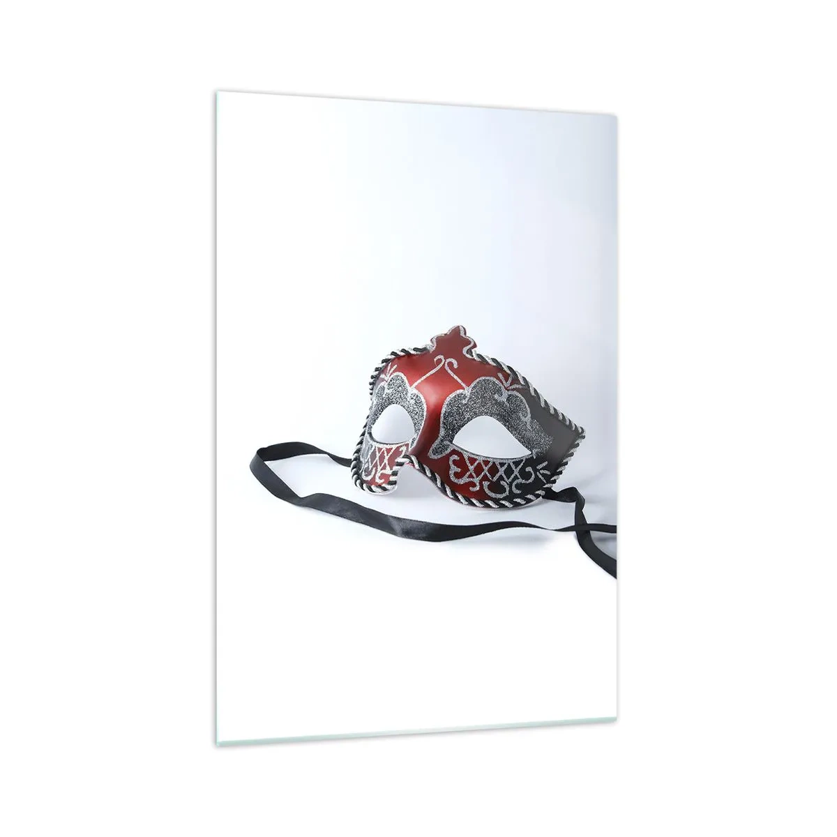 Glasbild - Bild auf glas - Rote Karnevalsmaske auf hellem Hintergrund - 70x100cm - Einladung zum Abschlussball - Moderne Wanddekoration für Wohnzimmer und Schlafzimmer ARTTOR