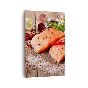 Bild auf Leinwand - Leinwandbild - Lachsfilets mit Gewürzen auf Holzhintergrund - 80x120cm - Norwegisches Abenteuer in der Küche - Moderne Wanddekoration für Wohnzimmer und Schlafzimmer ARTTOR
