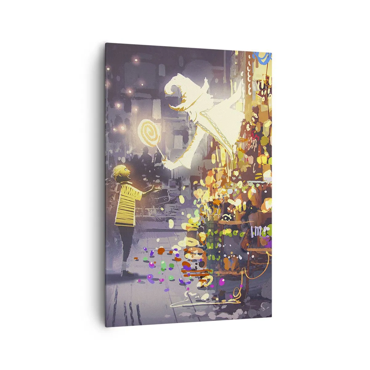 Bild auf Leinwand - Leinwandbild - Eine Märchenfigur und ein Kind auf einer Straße voller Lichter und Magie - 80x120cm - Magie ist da - Moderne Wanddekoration für Wohnzimmer und Schlafzimmer ARTTOR