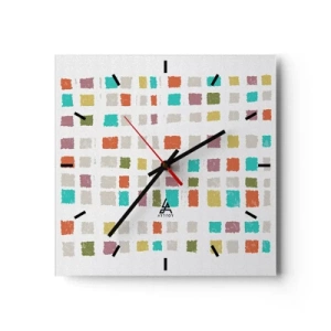 Wanduhr - Glasuhr - Bunte Quadrate in minimalistischer Anordnung auf weißem Hintergrund - 30x30cm - Unbekanntes Spiel - Moderne Wanddekoration für Wohnzimmer und Schlafzimmer ARTTOR