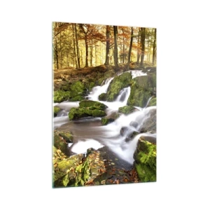 Glasbild - Bild auf glas - Ein Waldbach mit Wasserfällen in einer herbstlichen Landschaft - 50x70cm - Rasch durch den herbstlichen Wald - Moderne Wanddekoration für Wohnzimmer und Schlafzimmer ARTTOR