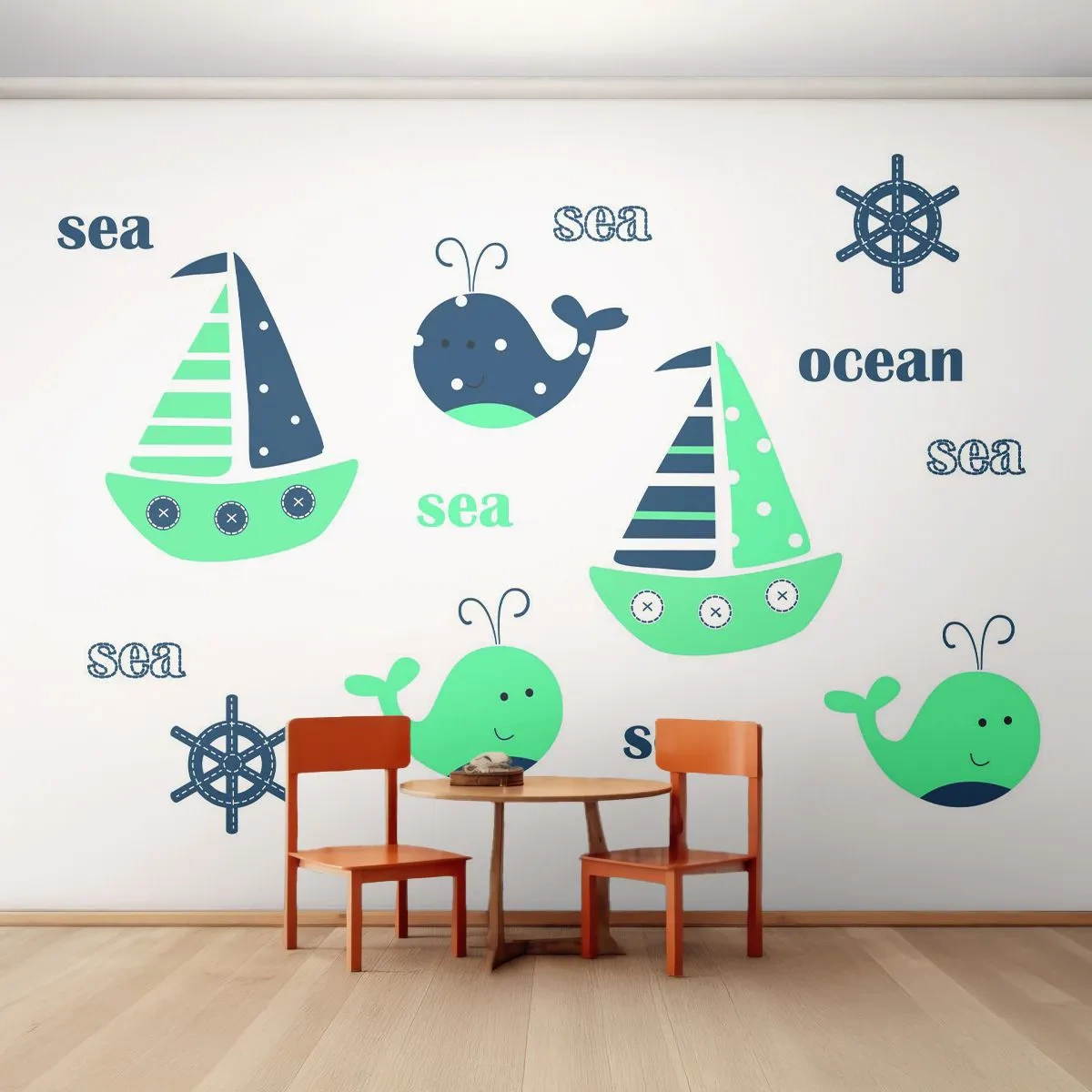 Fototapete Premium Sand - Bezaubernde nautische Illustrationen von Schiffen und Walen - 100x70cm - Über die Meere und Ozeane - Moderne Wanddekoration für Wohnzimmer und Schlafzimmer ARTTOR