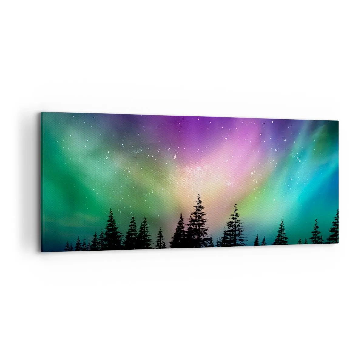 Bild auf Leinwand - Leinwandbild - Aurora Borealis über einem Wald mit Sternenhimmel - 120x50cm - weiße Magie - Moderne Wanddekoration für Wohnzimmer und Schlafzimmer ARTTOR