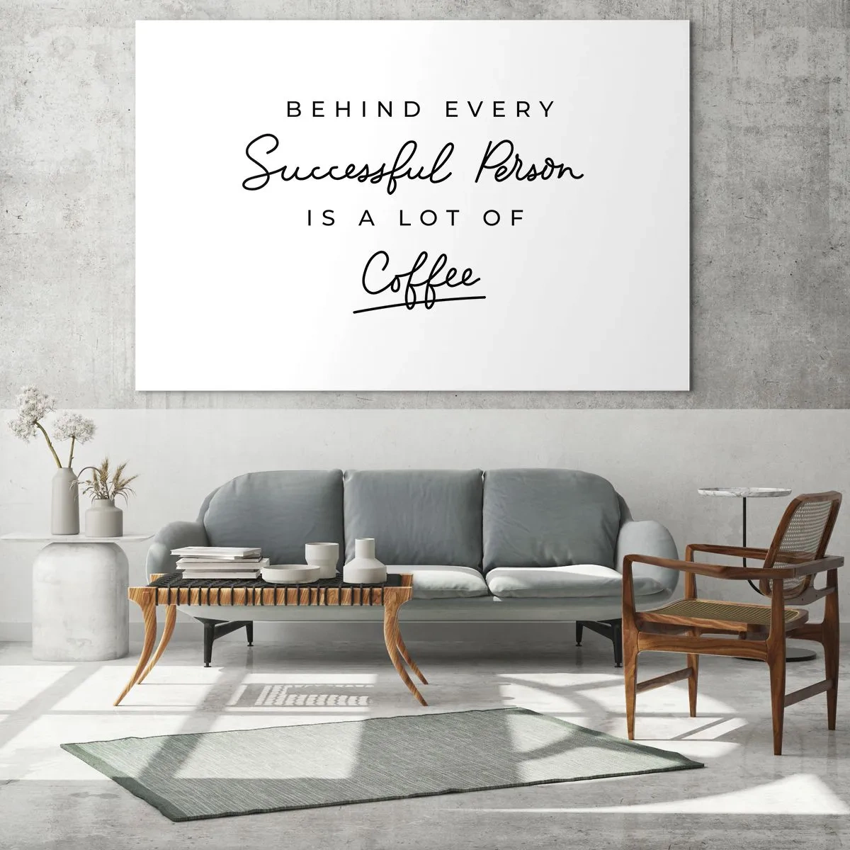 Glasbild - Bild auf glas - Ein motivierendes Zitat über Erfolg und Kaffee im minimalistischen Stil. - 100x70cm - Erfolgsgeheimnis - Moderne Wanddekoration für Wohnzimmer und Schlafzimmer ARTTOR