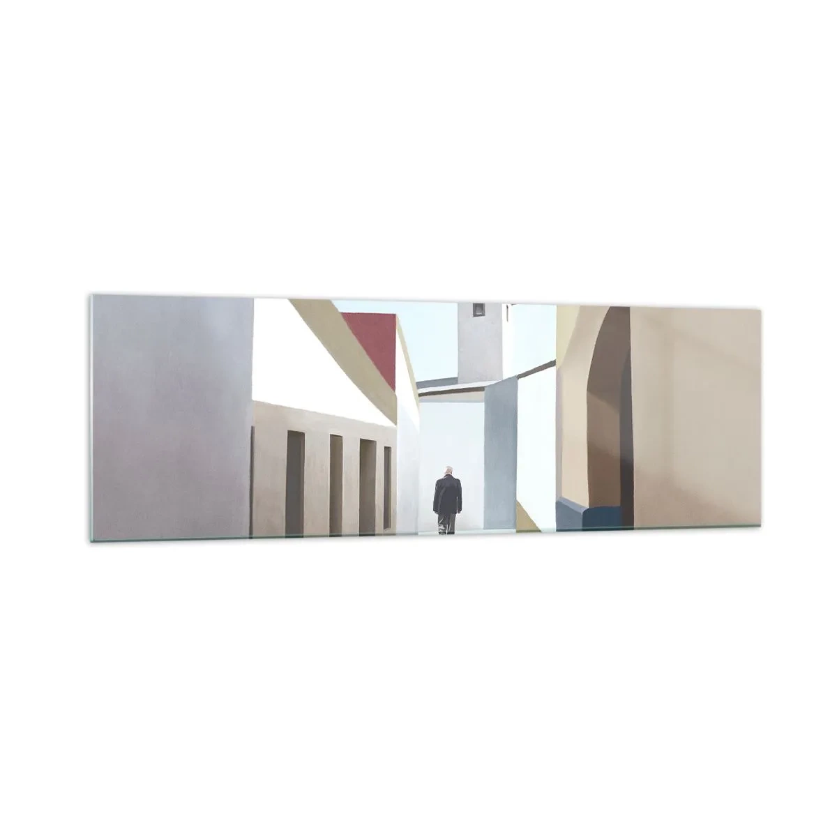Glasbild - Bild auf glas - Eine minimalistische Straße mit der Silhouette eines Mannes im Hintergrund - 160x50cm - Sonniger Spaziergang - Moderne Wanddekoration für Wohnzimmer und Schlafzimmer ARTTOR