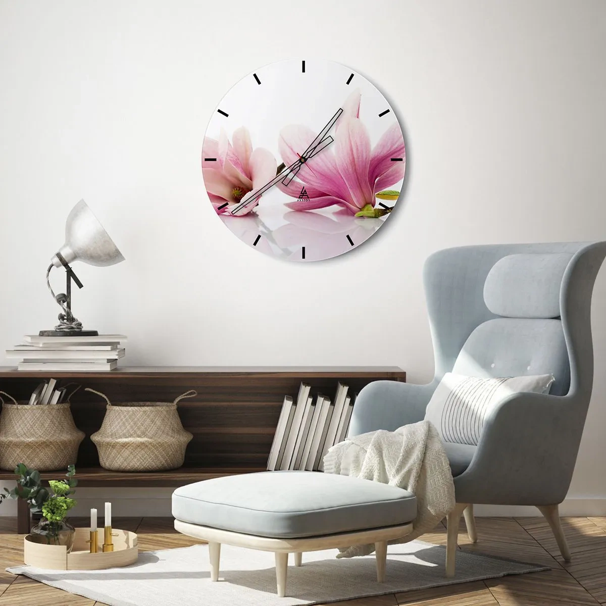 Wanduhr - Glasuhr - Rosa Magnolien auf weißem Hintergrund in dezenter Komposition - 30x30cm - Zart wie ein Frühlingswind - Moderne Wanddekoration für Wohnzimmer, Küche und Schlafzimmer ARTTOR