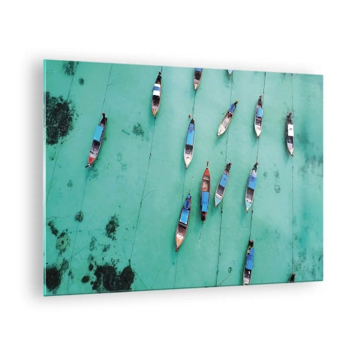 Glasbild - Bild auf glas - Boote auf türkisfarbenem Wasser von oben gesehen - 70x50cm - In freudiger Erwartung - Moderne Wanddekoration für Wohnzimmer und Schlafzimmer ARTTOR