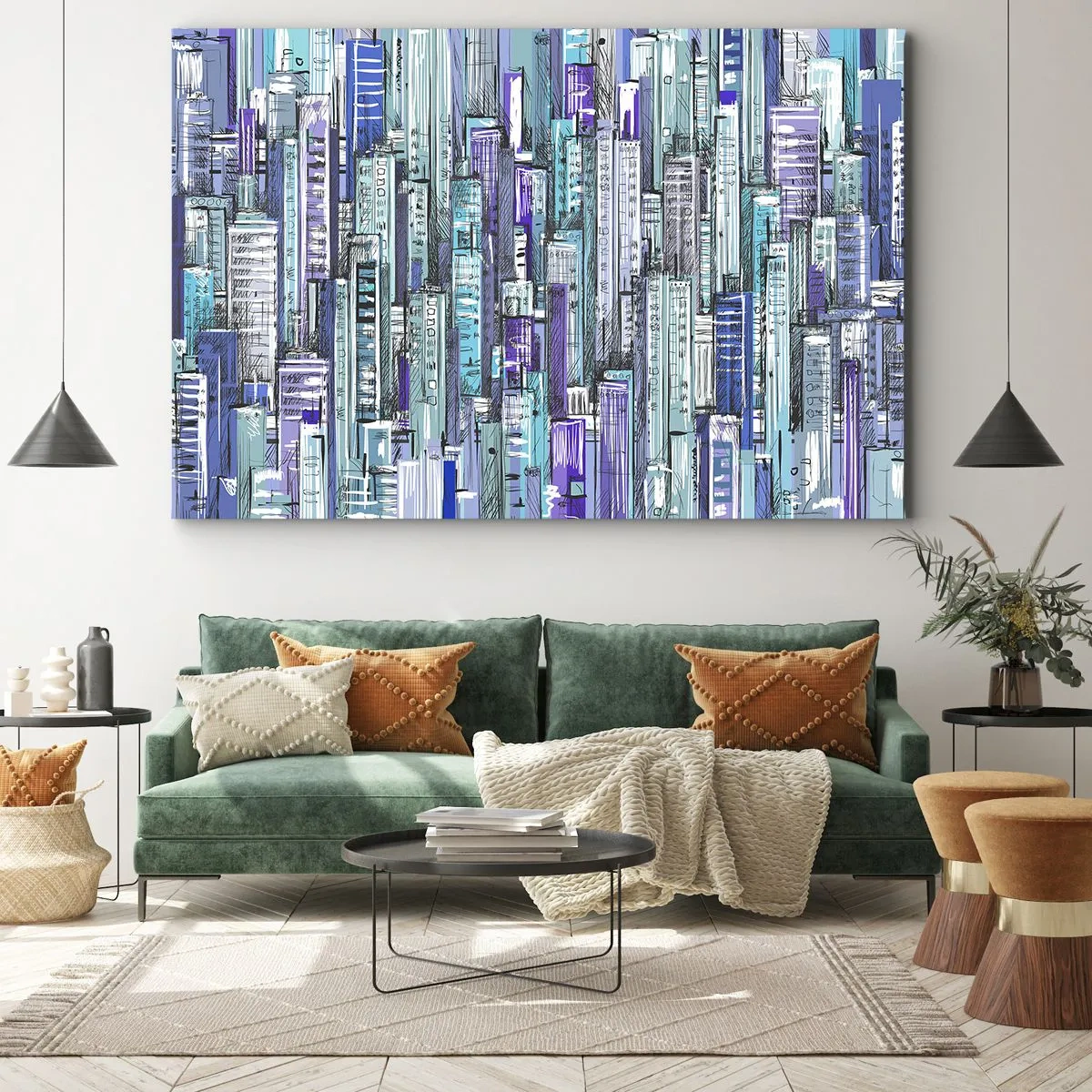 Bild auf Leinwand - Leinwandbild - Illustration einer Stadt mit geometrischen Gebäuden in Blau- und Lilatönen. - 70x50cm - Bläulich von dem Himmel - Moderne Wanddekoration für Wohnzimmer und Schlafzimmer ARTTOR