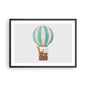 Poster in einem schwarzem Rahmen - Ein Ballon mit süßen Tieren in Pastellfarben - 70x50cm - Fantastische Reise - Moderne Wanddekoration für Wohnzimmer und Schlafzimmer ARTTOR