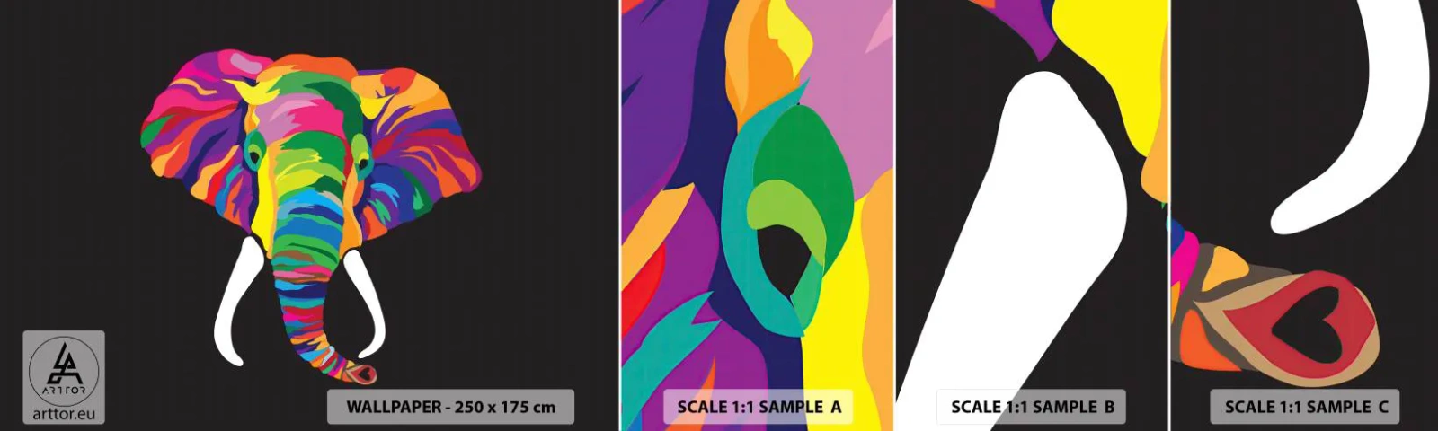 Fototapetenmuster Standard Eco - Der Elefant, der es liebte, im Regenbogen zu baden - Tiere, Elefant, Buntes Bild - 100x30 cm