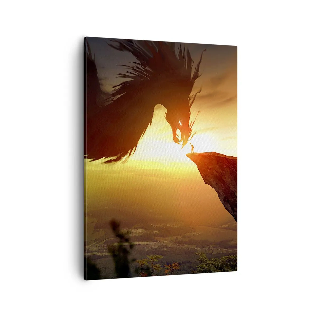Bild auf Leinwand - Leinwandbild - Ein Drache und ein Mann auf einem Felsen im Schein der untergehenden Sonne - 50x70cm - Drachentöter - Moderne Wanddekoration für Wohnzimmer und Schlafzimmer ARTTOR