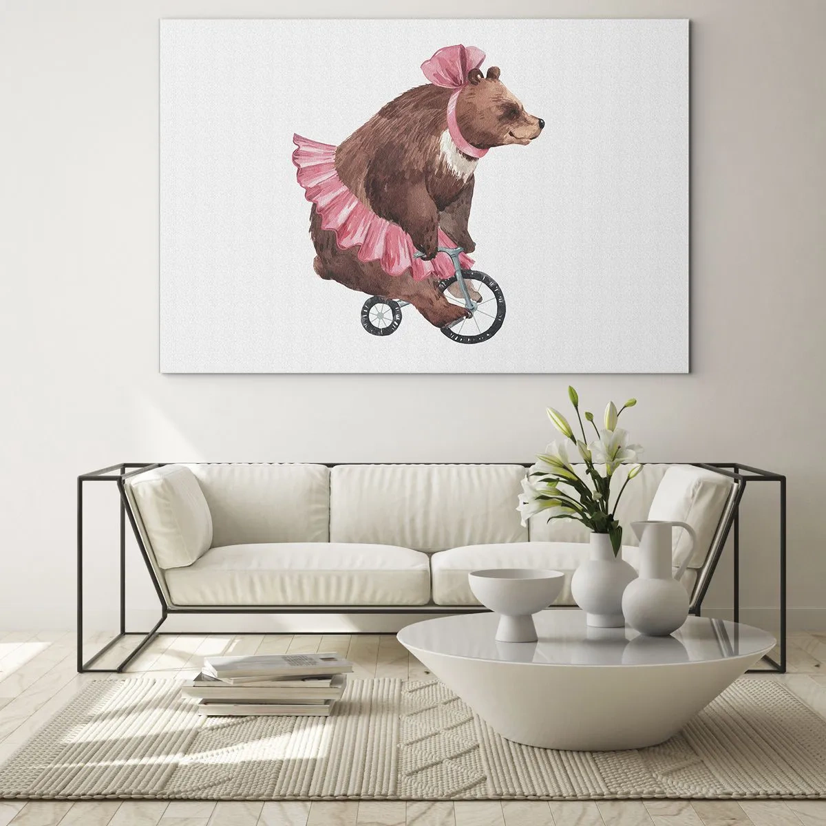 Glasbild - Bild auf glas - Ein Bär im rosa Rock auf einem Einrad - 70x50cm - Was für ein Affentheater! - Moderne Wanddekoration für Wohnzimmer und Schlafzimmer ARTTOR