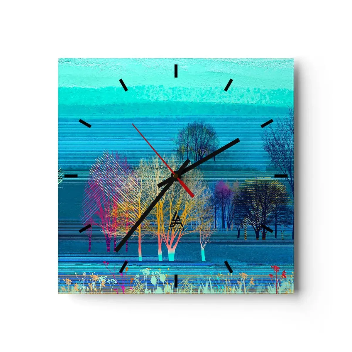 Wanduhr - Glasuhr - Bunte Bäume vor einer blauen, minimalistischen Landschaft - 30x30cm - Eine gekämmte Landschaft - Moderne Wanddekoration für Wohnzimmer und Schlafzimmer ARTTOR