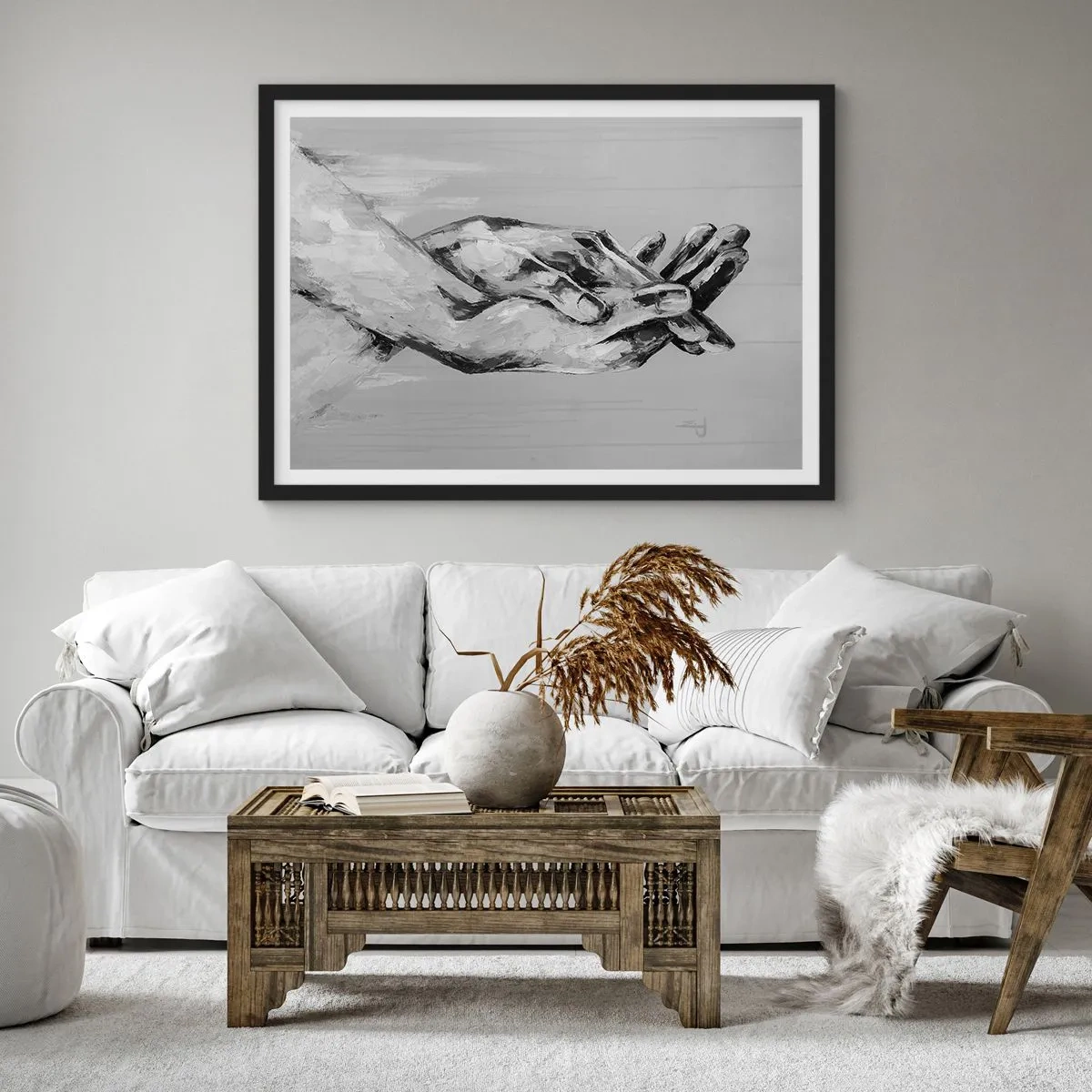 Poster in einem schwarzem Rahmen - Eine Schwarz-Weiß-Komposition aus zwei gefalteten Händen auf hellem Hintergrund. - 70x50cm - Anfang… - Moderne Wanddekoration für Wohnzimmer und Schlafzimmer ARTTOR