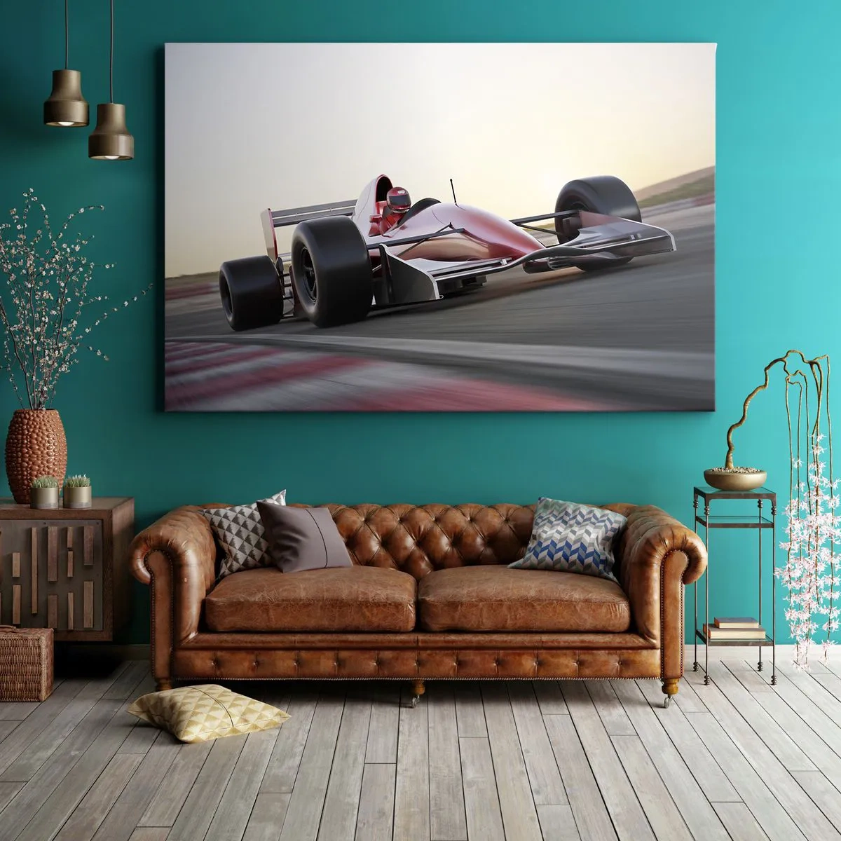 Bild auf Leinwand - Leinwandbild - Ein rotes Formel-1-Auto auf einer Rennstrecke während der Fahrt - 120x80cm - Immer der Gewinner - Moderne Wanddekoration für Wohnzimmer und Schlafzimmer ARTTOR