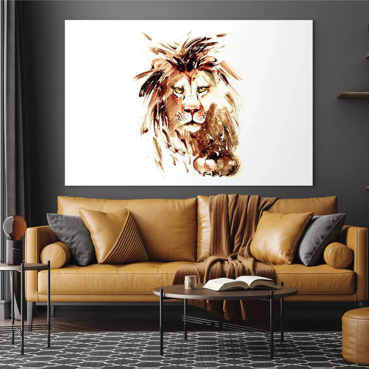 Glasbild - Bild auf glas - Aquarellporträt eines Löwen auf weißem Hintergrund - 120x80cm - Stärke und Würde - Moderne Wanddekoration für Wohnzimmer und Schlafzimmer ARTTOR