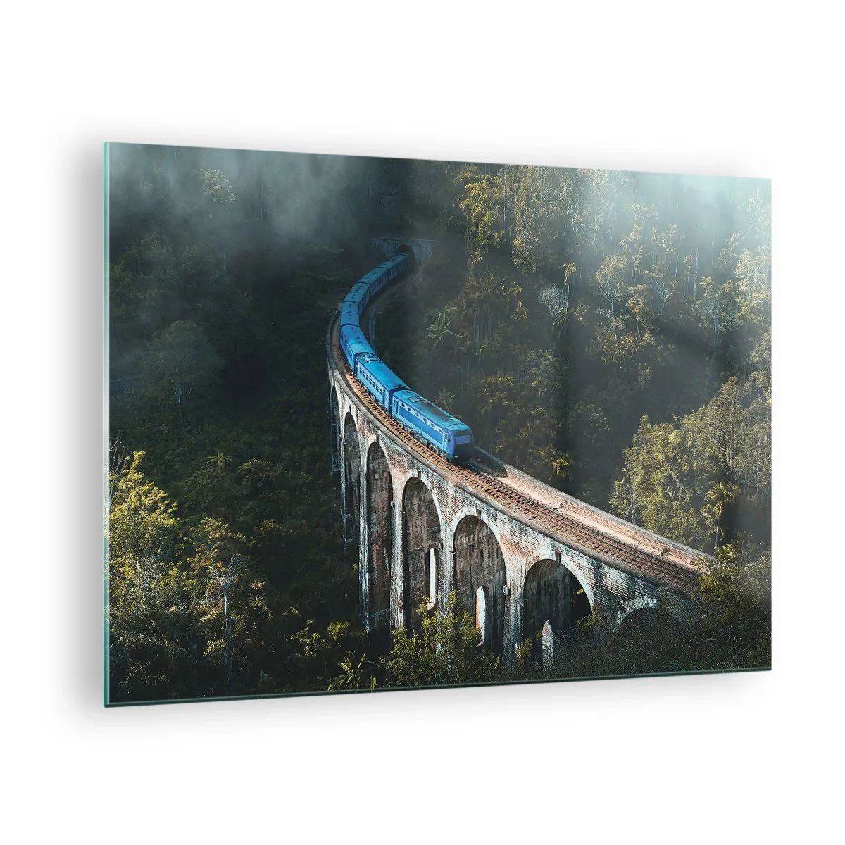 Glasbild - Bild auf glas - Ein blauer Zug, der auf einem Steinviadukt im Wald fährt - 70x50cm - Neigung zur Natur - Moderne Wanddekoration für Wohnzimmer und Schlafzimmer ARTTOR