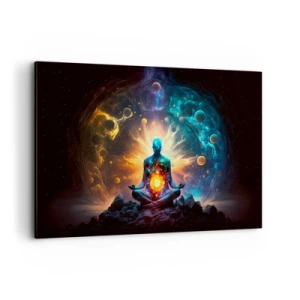 Bild auf Leinwand - Leinwandbild - Eine meditierende Figur, umgeben von einer kosmischen Aura - 120x80cm - Kosmischer Frieden - Moderne Wanddekoration für Wohnzimmer und Schlafzimmer ARTTOR