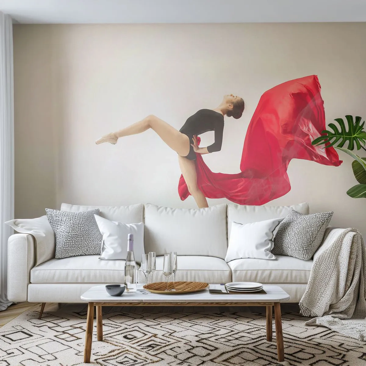 Fototapete Premium Sand - Eine Tänzerin im dynamischen Sprung mit rotem Stoff - 100x70cm - Rot und Schwarz - Moderne Wanddekoration für Wohnzimmer und Schlafzimmer ARTTOR