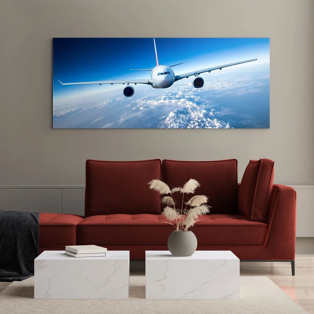 Glasbild - Bild auf glas - Ein Flugzeug fliegt über den Wolken vor blauem Himmel - 120x50cm - Ich fliege, weil ich es kann - Moderne Wanddekoration für Wohnzimmer und Schlafzimmer ARTTOR