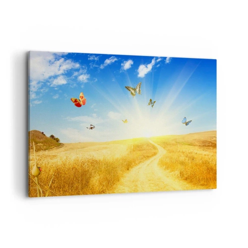 Bild auf Leinwand - Leinwandbild - Ein goldenes Feld, ein Pfad und Schmetterlinge vor einem blauen Himmel - 100x70cm - Und wie kann man den Sommer nicht lieben? - Moderne Wanddekoration für Wohnzimmer und Schlafzimmer ARTTOR