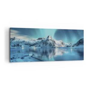 Bild auf Leinwand - Leinwandbild - Aurora Borealis über schneebedeckten Bergen und einem See - 120x50cm - Lichtnacht - Moderne Wanddekoration für Wohnzimmer und Schlafzimmer ARTTOR