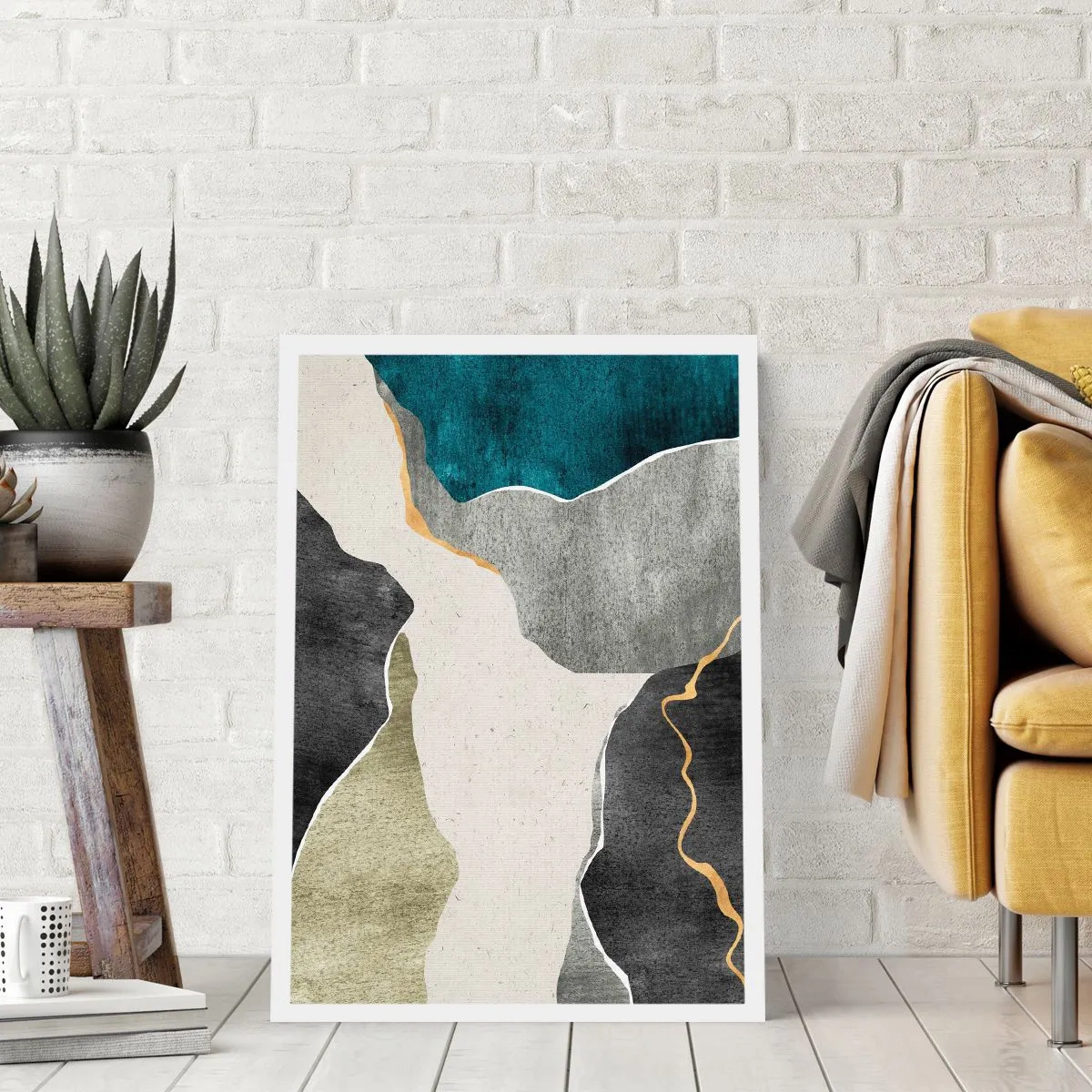 Poster - Abstrakte Komposition mit geometrischen Formen - 50x70cm - Mosaikkomposition mit Goldfaden - Moderne Wanddekoration für Wohnzimmer und Schlafzimmer ARTTOR
