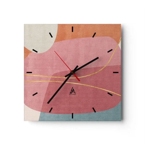 Wanduhr - Glasuhr - Abstrakte Formen in Pastellfarben mit zarten Linien - 30x30cm - Pastellkomposition mit Goldfaden - Moderne Wanddekoration für Wohnzimmer und Schlafzimmer ARTTOR