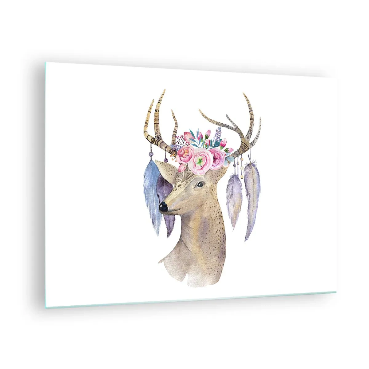 Glasbild - Bild auf glas - Hirsch mit Blumenkranz und Federn - 70x50cm - Seelenführer - sanft, unschuldig - Moderne Wanddekoration für Wohnzimmer und Schlafzimmer ARTTOR