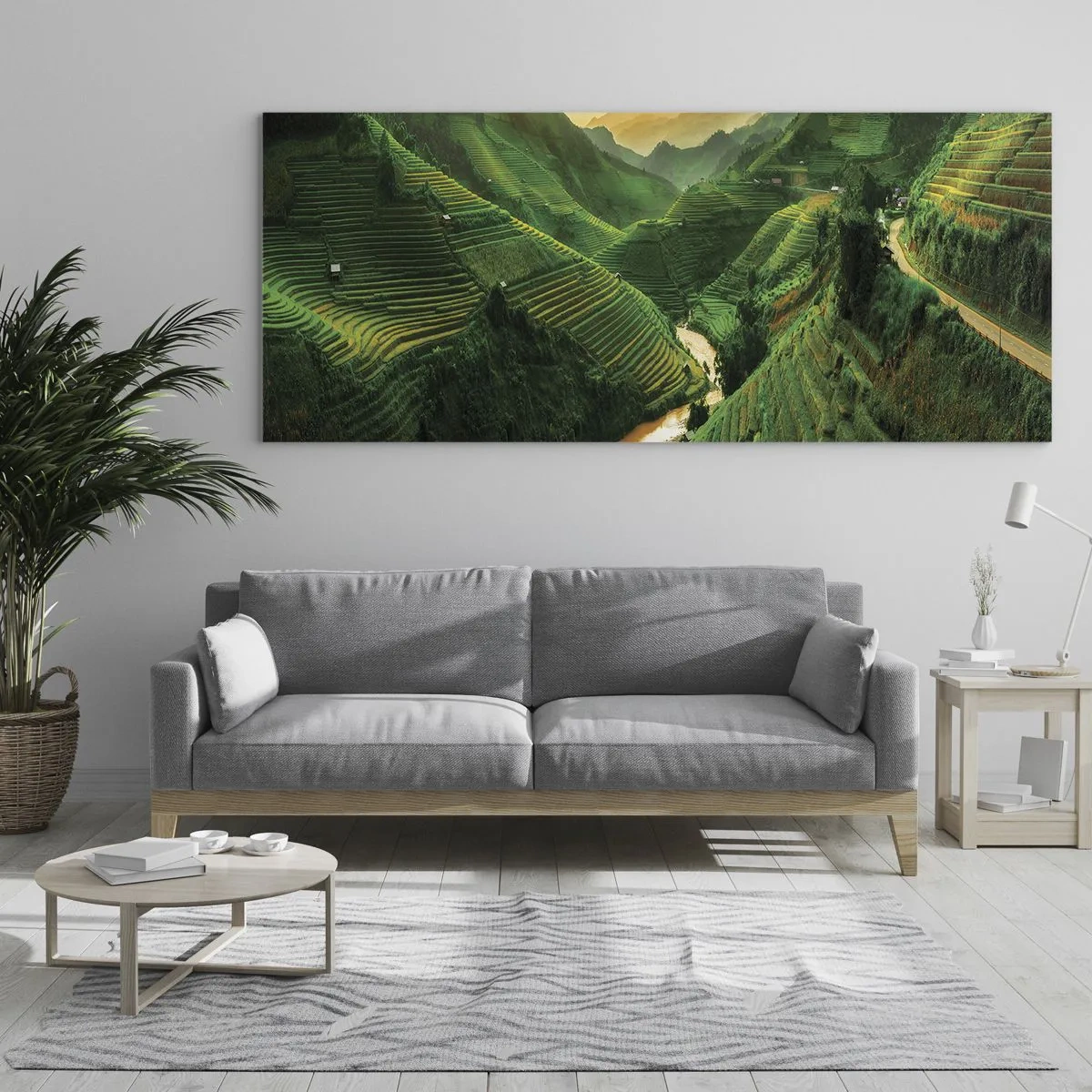 Glasbild - Bild auf glas - Malerische Reisterrassen in einem grünen Tal, beleuchtet von der untergehenden Sonne - 120x50cm - Vietnamesisches Tal - Moderne Wanddekoration für Wohnzimmer und Schlafzimmer ARTTOR