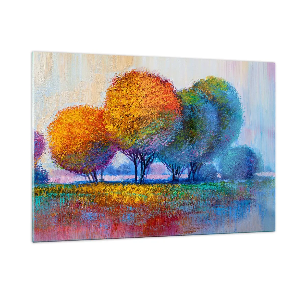 Glasbild - Bild auf glas - Bunte Bäume in Herbstfarben vor blauem Himmel - 120x80cm - Ein Haufen leuchtender Farben - Moderne Wanddekoration für Wohnzimmer und Schlafzimmer ARTTOR