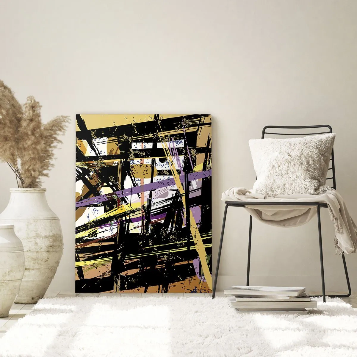 Glasbild - Bild auf glas - Abstrakte Linien und Formen auf beigem Hintergrund - 80x120cm - Ein scharfer Schnitt - Moderne Wanddekoration für Wohnzimmer und Schlafzimmer ARTTOR