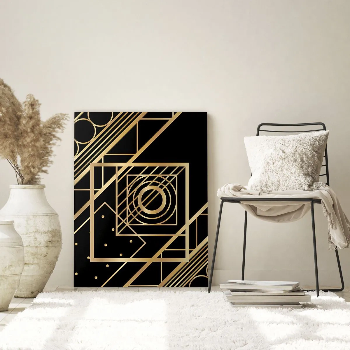 Glasbild - Bild auf glas - Goldene geometrische Muster auf schwarzem Hintergrund - 70x100cm - Goldene Geometrie - Moderne Wanddekoration für Wohnzimmer und Schlafzimmer ARTTOR