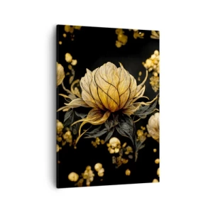 Bild auf Leinwand - Leinwandbild - Goldene Blume auf dunklem Hintergrund - 50x70cm - Subtile Zerbrechlichkeit - Moderne Wanddekoration für Wohnzimmer und Schlafzimmer ARTTOR