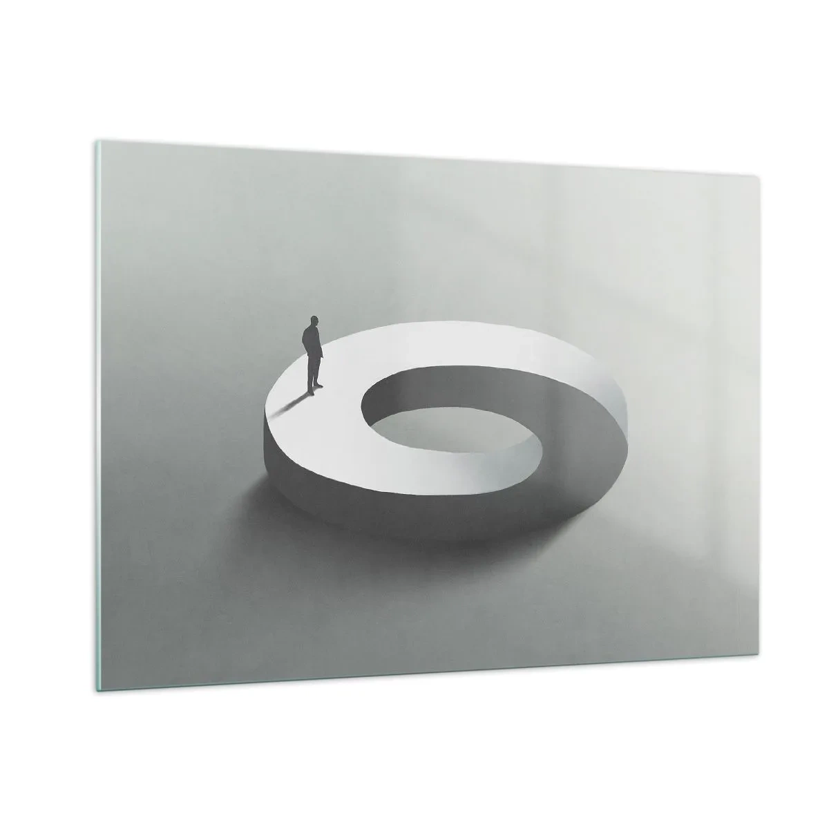 Glasbild - Bild auf glas - Eine minimalistische Silhouette eines Mannes auf einem weißen Ring - 100x70cm - Und wie soll man davon klug werden - Moderne Wanddekoration für Wohnzimmer und Schlafzimmer ARTTOR